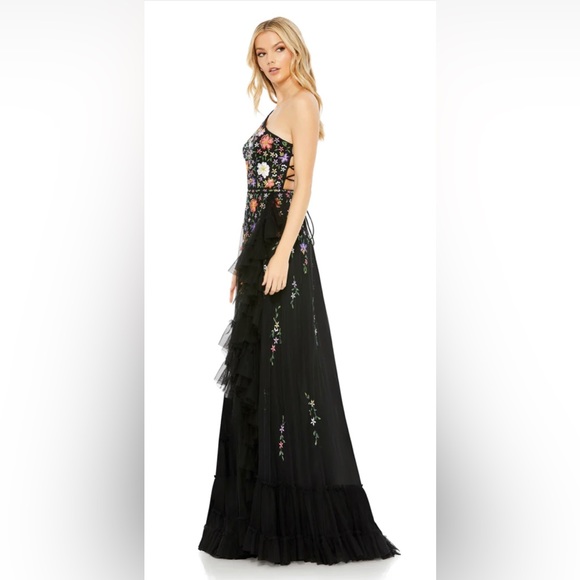 Mac Duggal 9164 Embroidered Corset Floral Sequin Black Maxi Dress Gown Size 12 - Picture 2 of 8